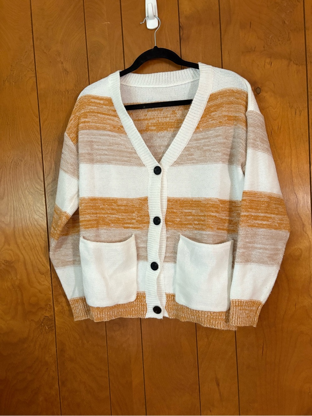 Button-Front V-Neck Striped Cardigan in White and Mustard